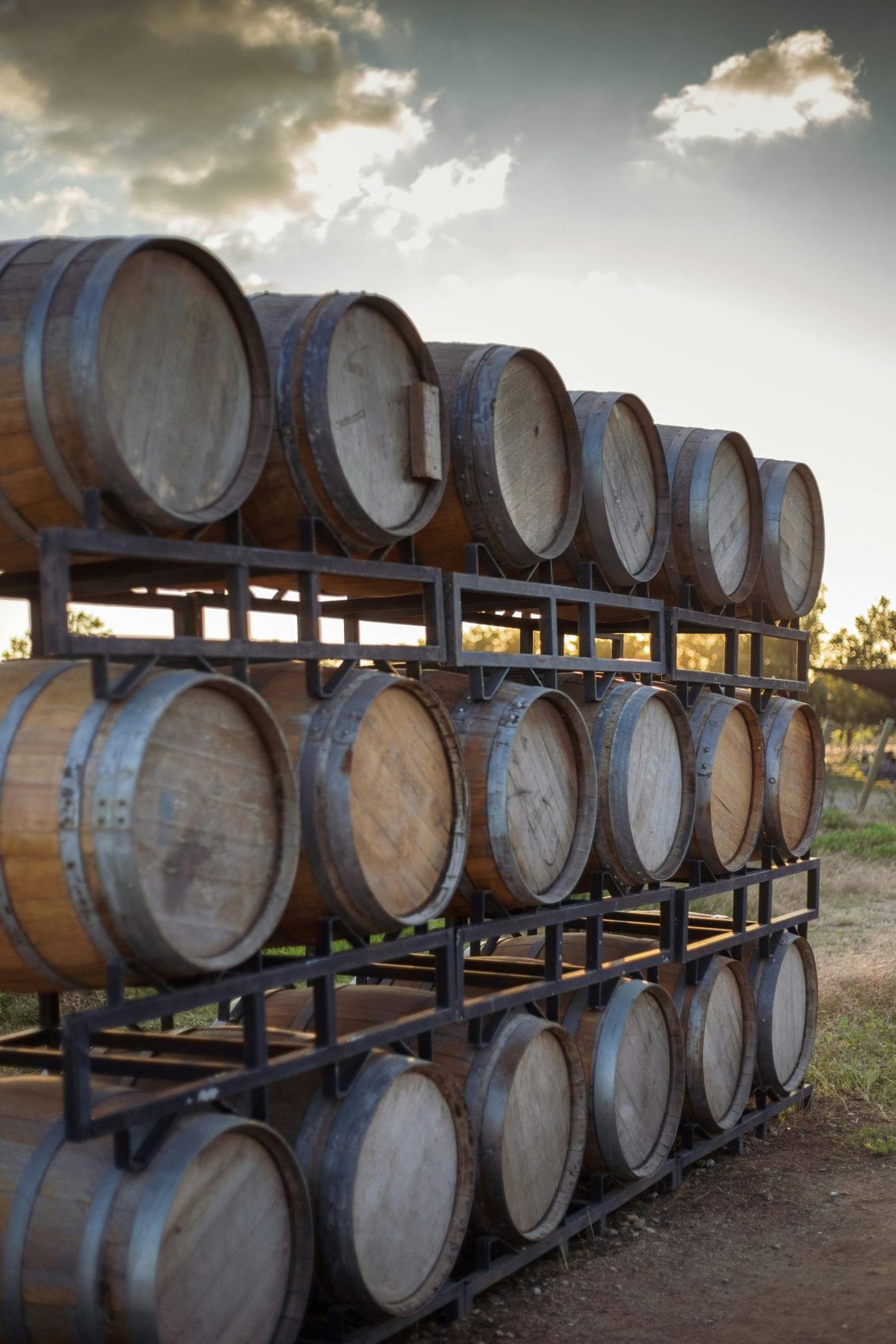 Barricas de roble apiladas en la bodega de añejamiento